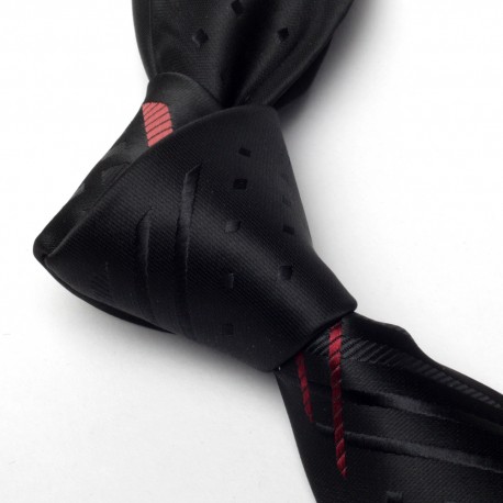 Cravate Slim 6 cm Noir Motifs Tissés Ton sur Ton + Raies Rose Bordeaux